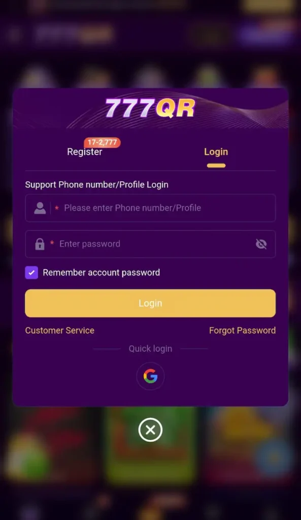 777QR game register and login