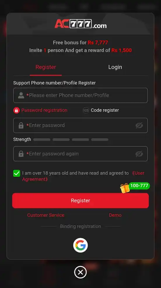 AC777 game register and login