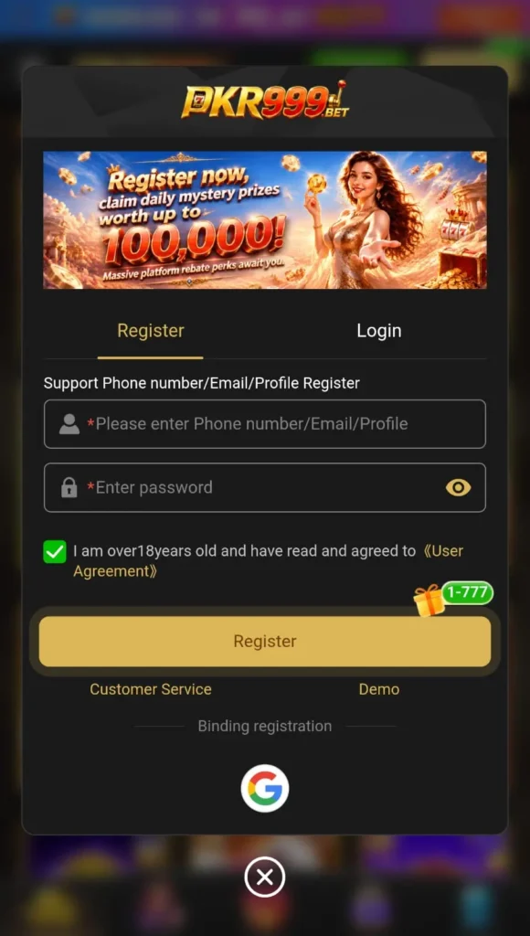 PKR999 game register and login