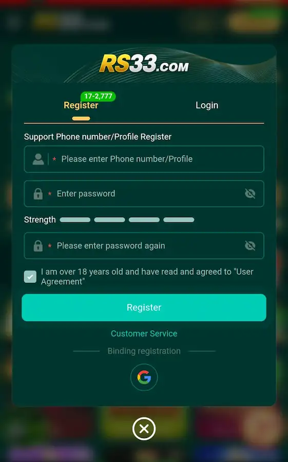 RS33 game register and login