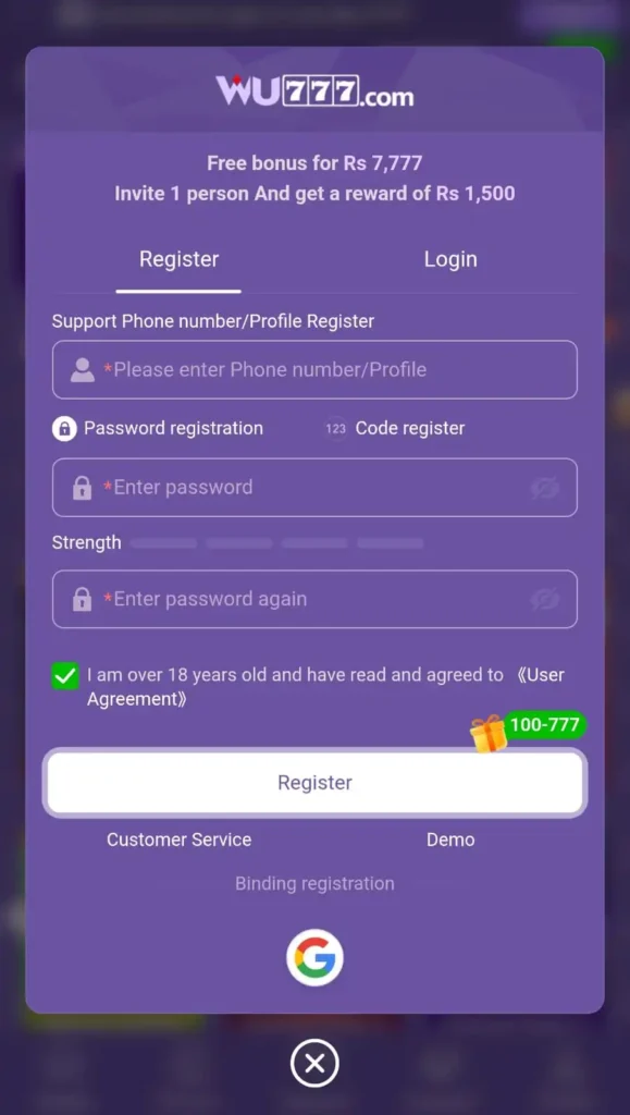 WU777 game register and login